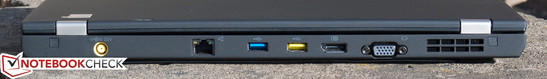 Trasera: Toma de corriente, LAN, USB 3.0,  USB 2.0 siempre-encendido, DisplayPort, VGA, ventilación
