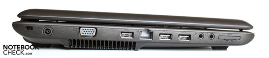 Lado Izquierdo: Ranura de seguridad Kensington, conector de poder, VGA, USB, LAN, 2 x USB, 2 x audio, lector de tarjetas