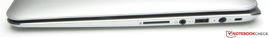 Derecha: lector de tarjetas (SD, MMC), clavija combi de audio, USB 2.0, toma de corriente,  Bloqueo Kensington.