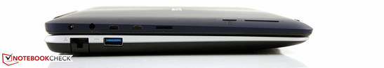 Izquierda: Corriente, audio, micro-HDMI, micro-USB 2.0, micro-SDHC, inicio, volumen (tablet); RJ45, USB 3.0 (base)