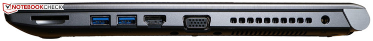 Right: DC-in, VGA-out, HDMI, 2 x USB 3.0, SD card reader