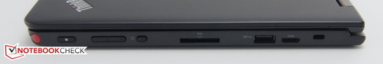 Derecha: stylus, encendido, volumen, bloqueo de rotación, lector de tarjetas, USB 3.0, Mini-HDMI, ranura de bloqueo