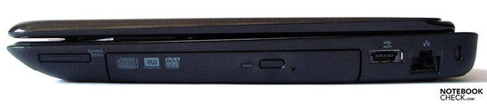 Lado derecho: lector de tarjetas, drive óptico, USB/eSATA, LAN, Seguro Kensington