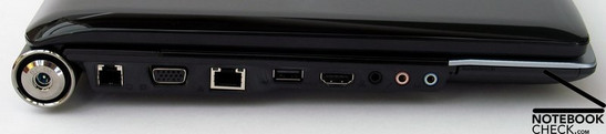 Lateral Izquierdo: Conector de corriente, Modem, VGA, LAN, USB 2.0, HDMI, puertos de audio (Line In, microfono, auriculares), ExpressCard