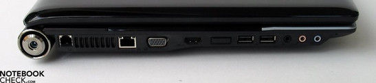 Left side: power connector, modem, LAN, VGA-out, HDMI, 2x USB, audio ports