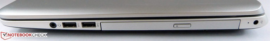 Detrás de la toma de corriente, la unidad DVD domina a la derecha. 2x USB 3.0 y la clavija de 3.5 mm están delante.