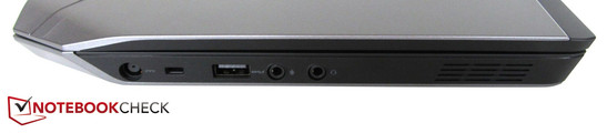 Izquierda: Toma de corriente, bloqueo Noble, USB 3.0, micrófono, auriculares