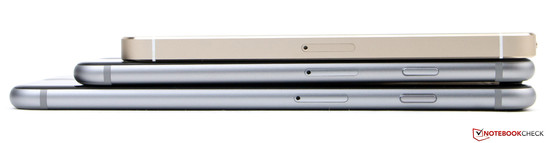 Desde arriba: iPhone 5s, iPhone 6 y iPhone 6 Plus