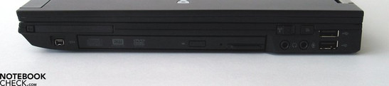 Lado Derecho: ExpressCard, Firewire, DVD Drive, puertos de audio, 2x USB 2.0