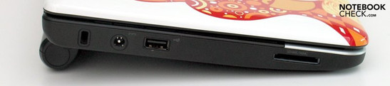 Lado Izquierdo: Audífonos, micrófono, HDMI, USB 2.0, USB-energizado, RJ-45 (LAN)