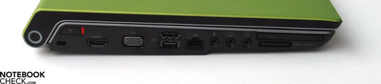 Lateral izquierdo: Cierre Kensington, HDMI, salida VGA, 2x USB 2.0, puertos de Audio, ExpressCard, Lector de tarjetas SD