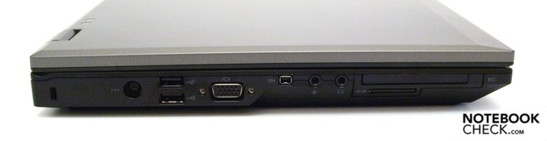 Izquierda: Bloqueo Kensington, 2x USB-2.0, VGA, FireWire, Micrófono, auriculares, ExpressCard/54, lector de tarjetas 3-en-1.
