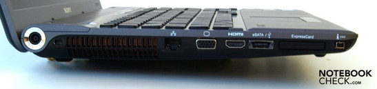 Izquierda: entrada de poder, seguro Kensington, RJ-45 (LAN), VGA, HDMI, eSATA/USB-2.0, ExpressCard/34, FireWire