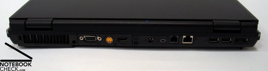 Posterior: Cierre Kensington, Ventilador, Salida VGA, S-Video, HDMI, Conexión de corriente, Firewire, Modem, LAN, 2x USB 2.0, eSATA
