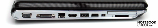 Lado Izquierdo: VGA, docking, LAN, HDMI, eSATA/USB, USB, Firewire, ExpressCard, lector de tarjetas