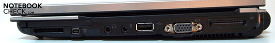 Lado Derecho: ExpressCard/54, Lector de tarjetas SD, Firewire, puertos de audio, USB 2.0, VGA, puerto docking