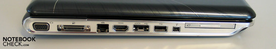 Lado Izquierdo: VGA, docking, LAN, HDMI, eSATA/USB, USB, FireWire, ExpressCard