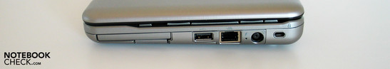 Derecha: Lector de tarjetas SD, ExpressCard, USB, LAN, conector de corriente, Cierre Kensington