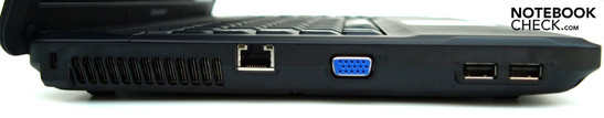 Izquierda: Cierre Kensington, ranura de vencilación, RJ-45 (LAN), VGA, 2x USB 2.0