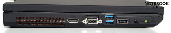 Izquierda: Ventilador, puerto de pantalla, VGA, 2x USB 3.0, combo USB/eSATA, Firewire, Interruptor Wifi.