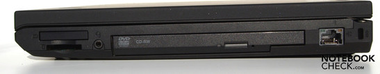 Derecha: ExpressCard/34, lector de tarjetas 5 en 1, combo de audio, ranura UltraBay con DVD-RW, RJ45-LAN, ranura de seguridad Kensington