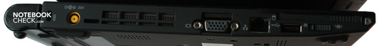 Lado izquierdo: CardBus, interruptor WLAN, USB, LAN, VGA, salida de ventilador, entrada DC, seguro Kensington