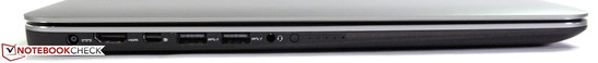 Izquierda: Toma de corriente, HDMI, Mini DisplayPort, 2 x USB 3.0, Entrada/Salida de línea, indicador de carga de batería