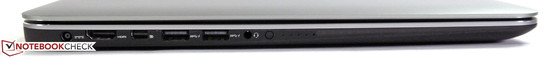 Izquierda: Toma de corriente, HDMI, Mini DisplayPort, 2 x USB 3.0, Entrada/Salida de línea, indicador de carga de batería