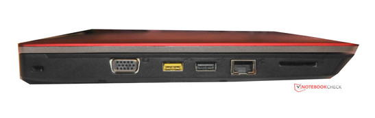 Izquierda: Bloqueo Kensington, VGA, 2 x USB 2.0, RJ-45, lector de tarjetas Derecha: Micrófono/auriculares, eSATA/USB 2.0, HDMI, toma de corriente