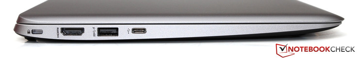 Left side: Kensington lock, HDMI, USB 3.0, USB 3.0 Type-C
