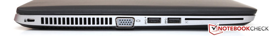 Izquierda: Kensington, ventilación, VGA, 2x USB 3.0, lector SmartCard