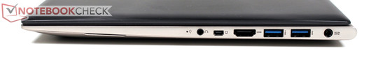 Derecha: Audio, Mini-VGA, HDMI, 2x USB 3.0, toma de corriente