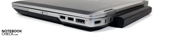 Lado Derecho: Expresscard, 2x USB 2.0, USB/eSATA, HDMI, Kensington, Modem (opcional)