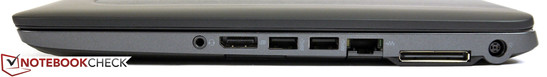Derecha: Audio, DisplayPort, 2x USB 3.0, lector de tarjetas, LAN, puerto de acople, entrada de corriente