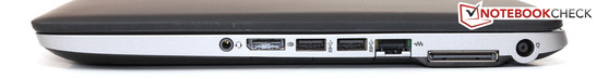 Derecha: clavija estéreo, DisplayPort, 2x USB 3.0, Ethernet, puerto de acoplamiento, toma de corriente