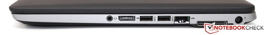 Derecha: Headset, DisplayPort, 2x USB 3.0, Ethernet, puerto de acople, toma de corriente