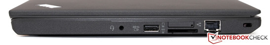 Derecha: Puerto headset, USB 3.0, lector de tarjetas, ranura SIM, Gbit-LAN, Bloqueo Kensington