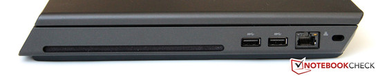 Lado derecho: grabador DVD, 2x USB 2.0, LAN, Bloqueo Kensington
