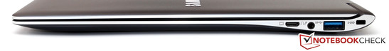Derecha: VGA (via adaptador), clavija de headset, USB 3.0, Bloqueo Slim Security