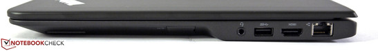 Derecha: lector de tarjetas, clavija combinada estéreo, USB 3.0, HDMI, Ethernet