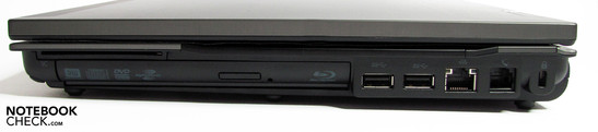Lado derecho: SmartCard, BluRay combo, 2 USB 3.0s, LAN, modem, Kensington