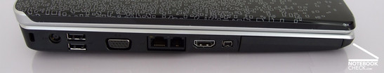 Left Side: Kensington Lock, Power Connector 2x USB, VGA, LAN, Modem, HDMI, Firewire