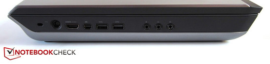 Izquierda: Bloqueo Kensington, toma de corriente, HDMI, mini DisplayPort, 2x USB 3.0, 3x sonido