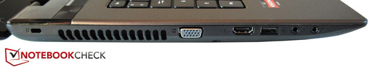 Izquierda: bloqueo Kensington, VGA, HDMI, USB 2.0, micrófono, auriculares
