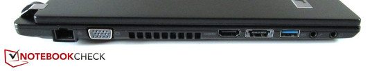 Izquierda: RJ45 Gigabit LAN, VGA, HDMI, eSATA / USB 2.0, USB 3.0, micrófono, auriculares