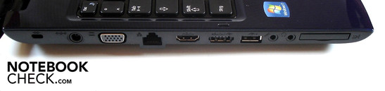 Izquierda: Cierre Kensington, Conector de corriente, VGA, LAN, HDMI, eSATA/USB 2.0, 2 conectores de audio, ExpressCard de 34 mm.