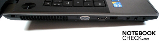 Lado izquierdo: Seguro Kensington, VGA, HDMI, USB 2.0, 3x Sonido