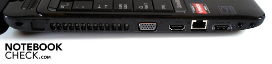 Lado Izquierdo: Seguro Kensington, VGA, HDMI, RJ-45 Fast Ethernet LAN, combo eSATA/USB 2.0, micrófono, auriculares