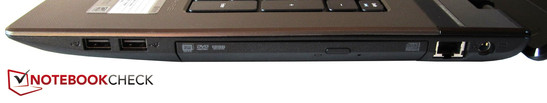 Derecha: 2 puertos USB 2.0, unidad óptica, RJ45 Gigabit LAB, toma de corriente