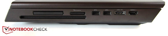 Derecha: unidad óptica, ExpressCard (54 mm), lector de tarjetas 9-en-1, 2x USB 3.0, eSATA- / USB-2.0-Combo, entrada HDMI